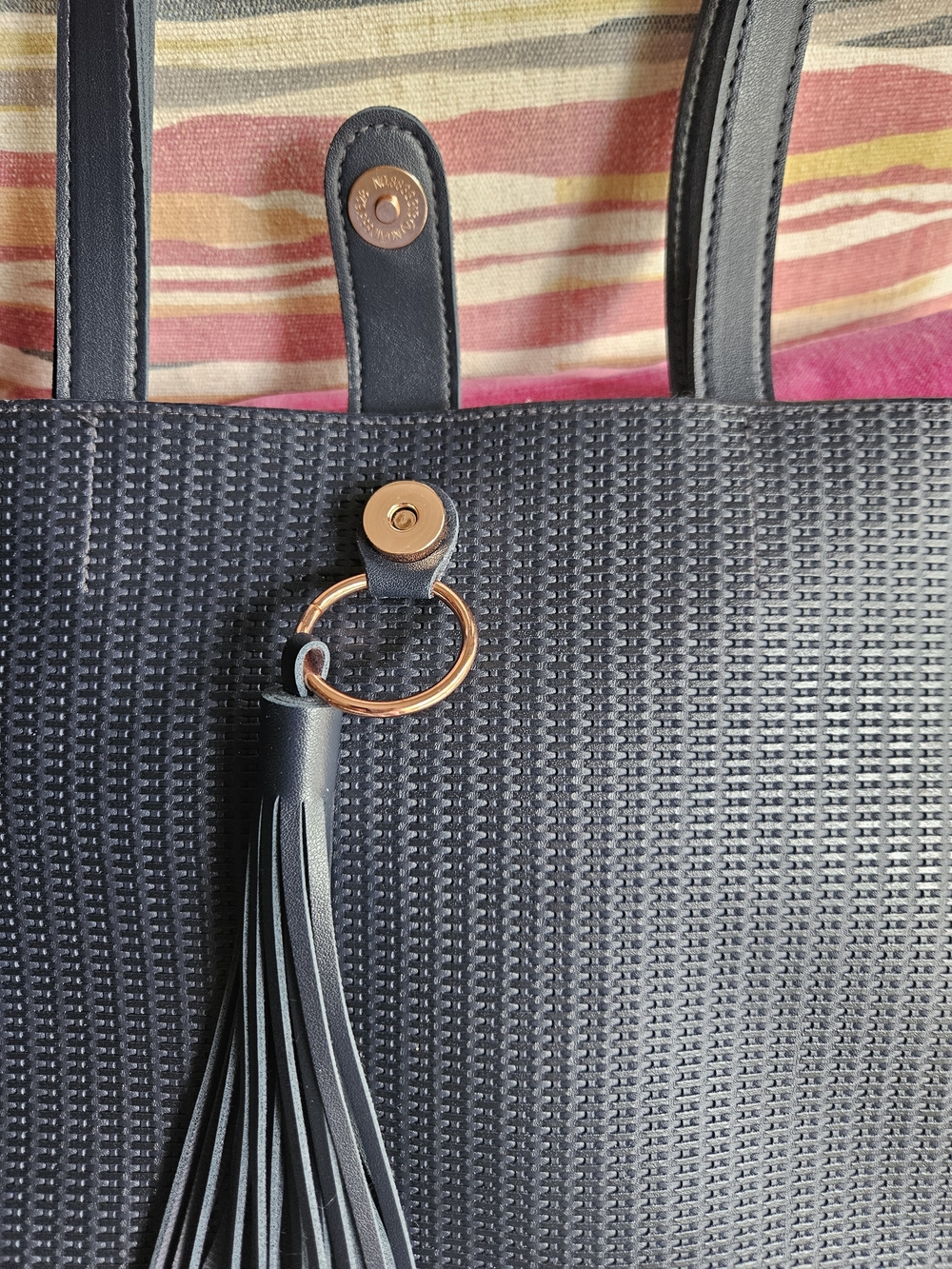 Navy Textured Tote Bag with Tassel - Picture 4 of 5